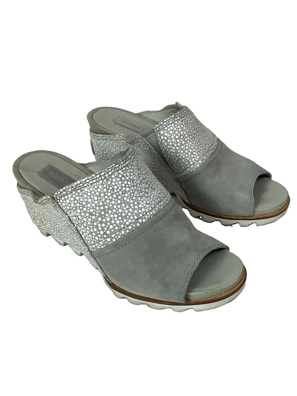 Sorel Sz 8 Suede Joanie II Slide Wedge Mule Gray White Dotted Slip On Sandals